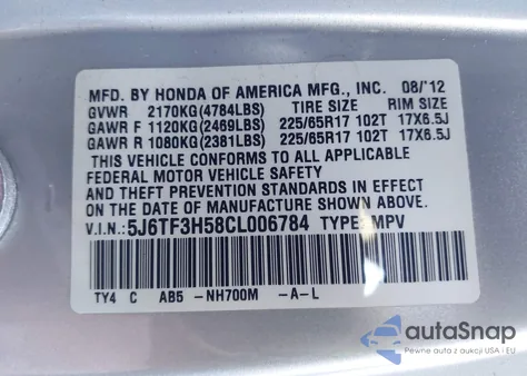 2012 Honda Crosstour 2.4 Ex-L из США, поврежденный, VIN 5J6TF3H58CL006784